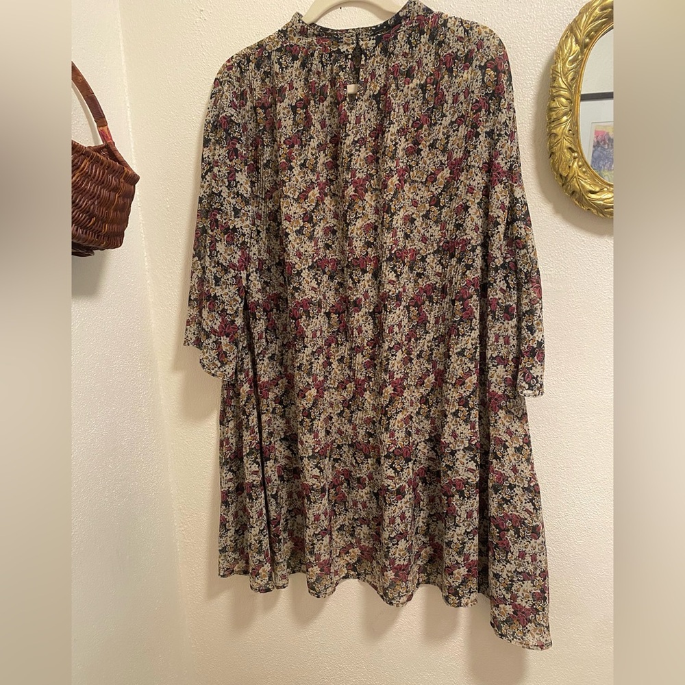 Zara Mock Neck Floral Print 3/4 Sleeve Flowy A-Line Midi Dress Size M - Picture 4 of 7